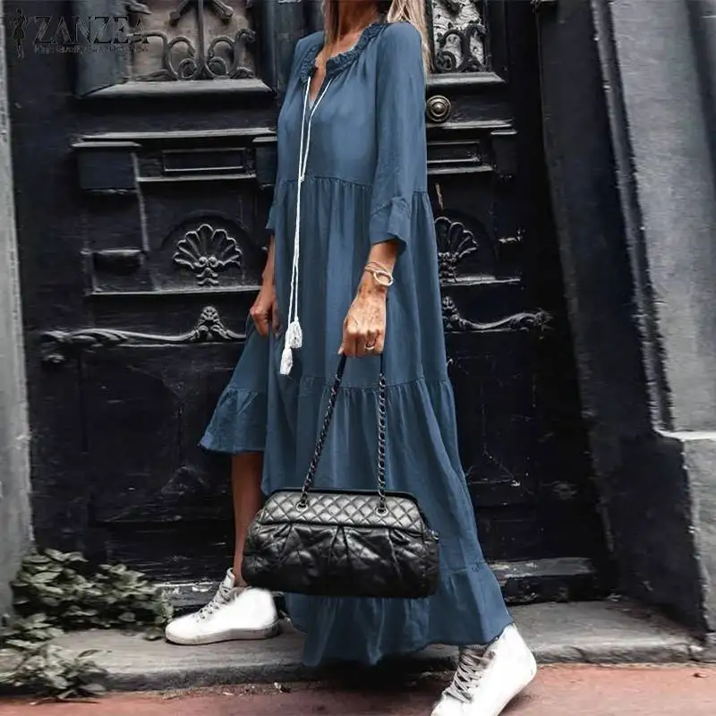 ZANZEA 2021 Afslappet langærmet Maxi Vestidos Stilfulde Demin Blue Flæse Kjole Kvinders Efteråret Sundress Kvindelige Solid Robe Overdimensioneret