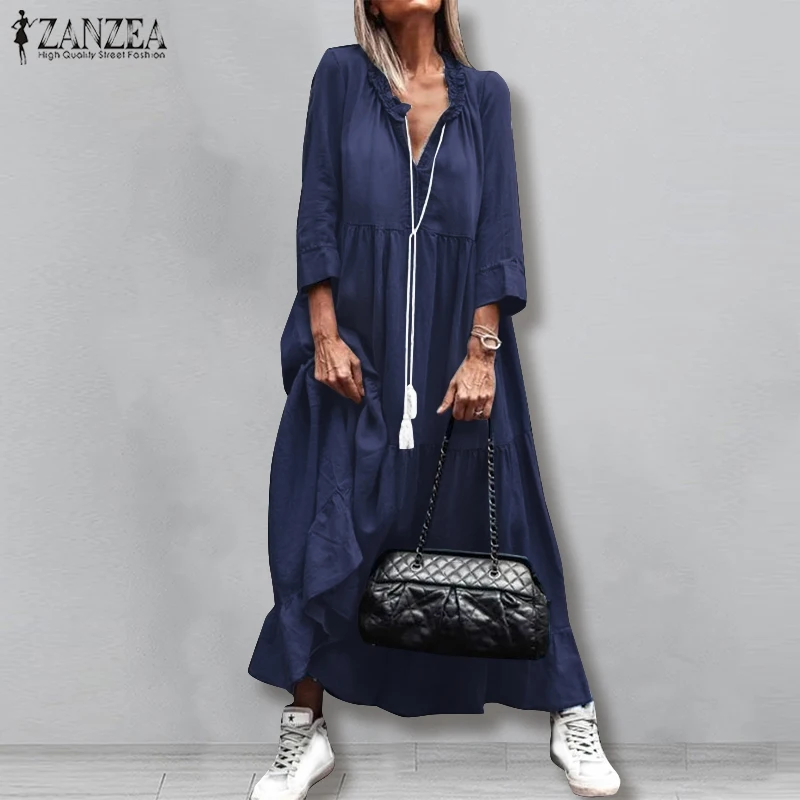 ZANZEA 2021 Afslappet langærmet Maxi Vestidos Stilfulde Demin Blue Flæse Kjole Kvinders Efteråret Sundress Kvindelige Solid Robe Overdimensioneret