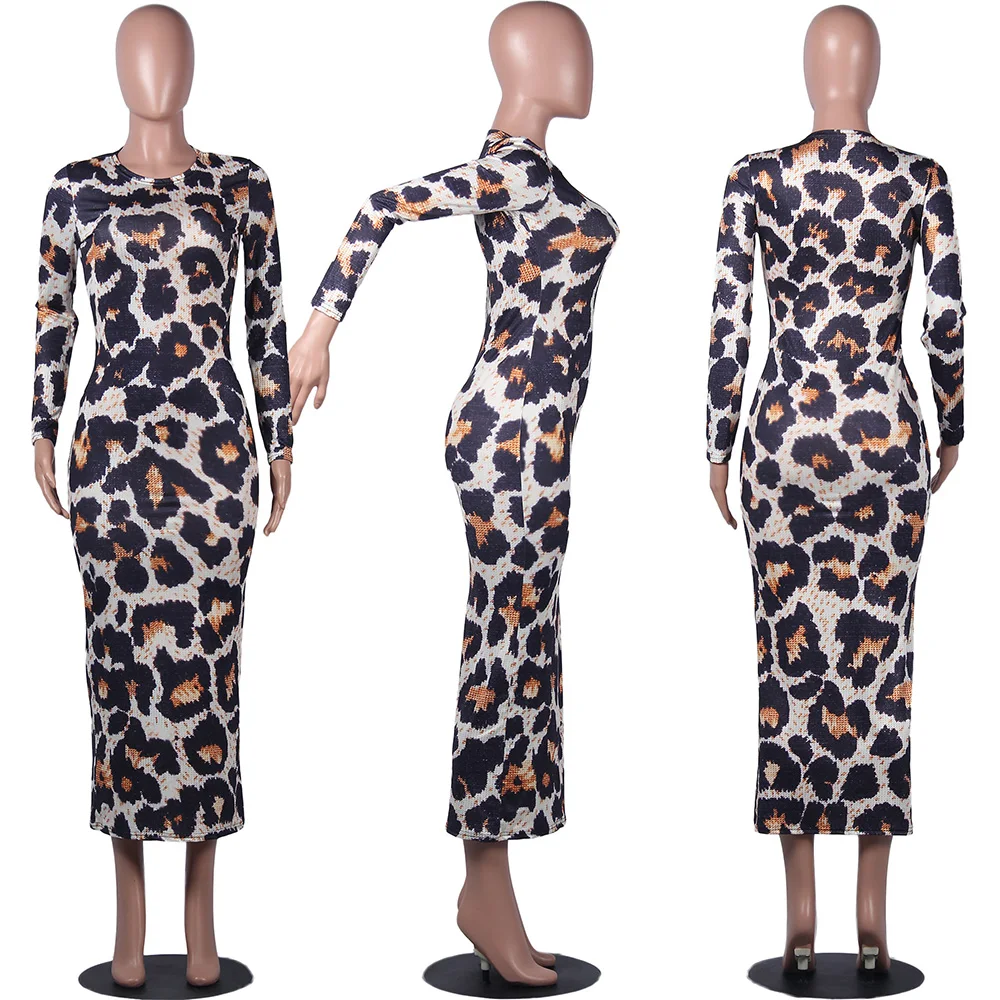 Sexet Leopard langærmet Lang Kjole Kvinder Tynde Party Club Maxi Kjoler Vintage Bodycon Damer Tøj til Efterår, Forår