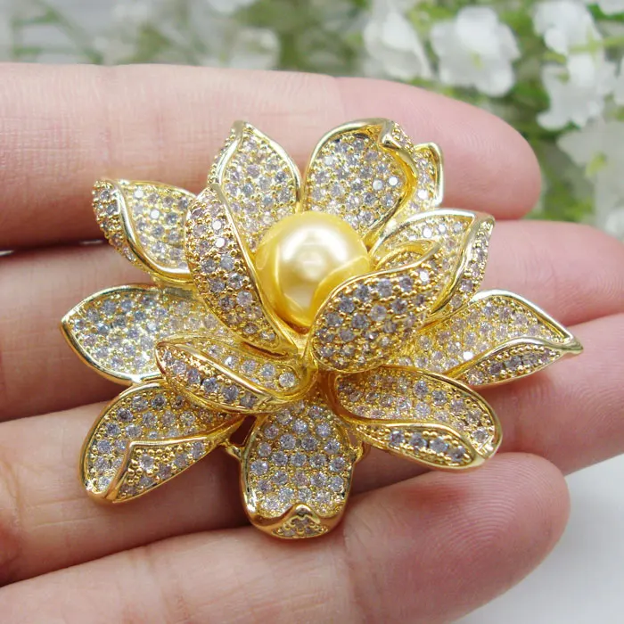 Ny Elegant Krystal Zircon Lotus Blomst Kvinde Broche Pin-Brun Perle Smykker Mode Tilbehør