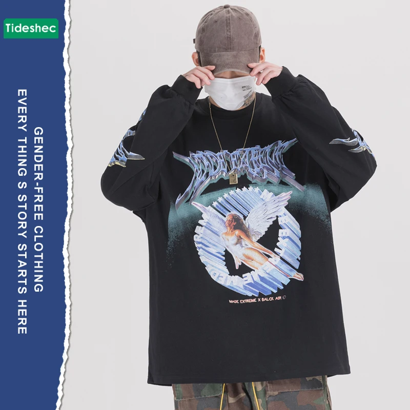 Par Casual Top Mænd Hip Hop Angel Print Streetwear langærmet Tshirt Løs HipHop T-shirt i Oversize Toppe Harajuku Lange Ærmer
