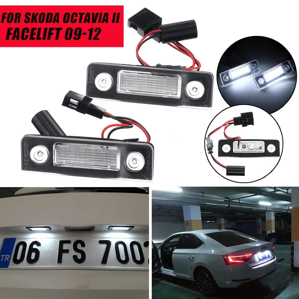 2stk LED Bil Nummer Nummerplade Lys Lampe for Skoda Octavia ll Ansigtsløftning 09-12 Facelifted 03-12 Roomster, 5J 06-10