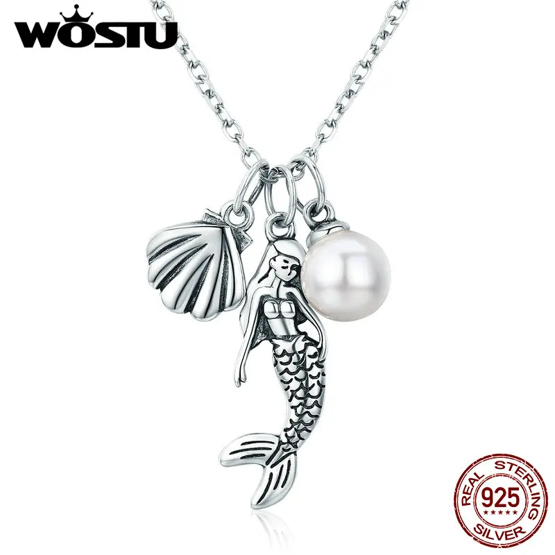 WOSTU Autentisk 925 Sterling Sølv Legend of havfrue Shell&Perle Vedhæng Halskæde Til Kvinder Smykker Mode Gave CQN237