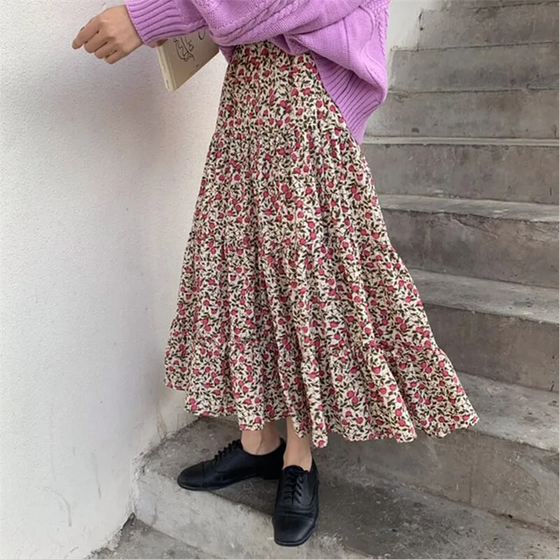 2020 Spring Prairie Smarte vintage maxi nederdele,M-7XL Plus size Floral Print bomuld Plisserede pjusket nederdel,Elegant Tæve Bunden