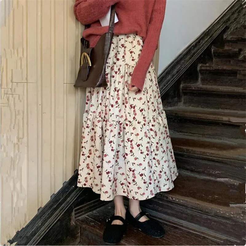 2020 Spring Prairie Smarte vintage maxi nederdele,M-7XL Plus size Floral Print bomuld Plisserede pjusket nederdel,Elegant Tæve Bunden