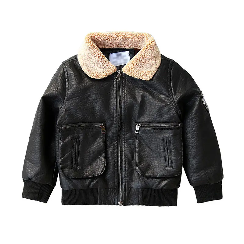 INS hot børn PU jakke, 1-7 år gamle fashion Pels krave stor lomme epaulette velour læder jakke Boy ' s læder jakke