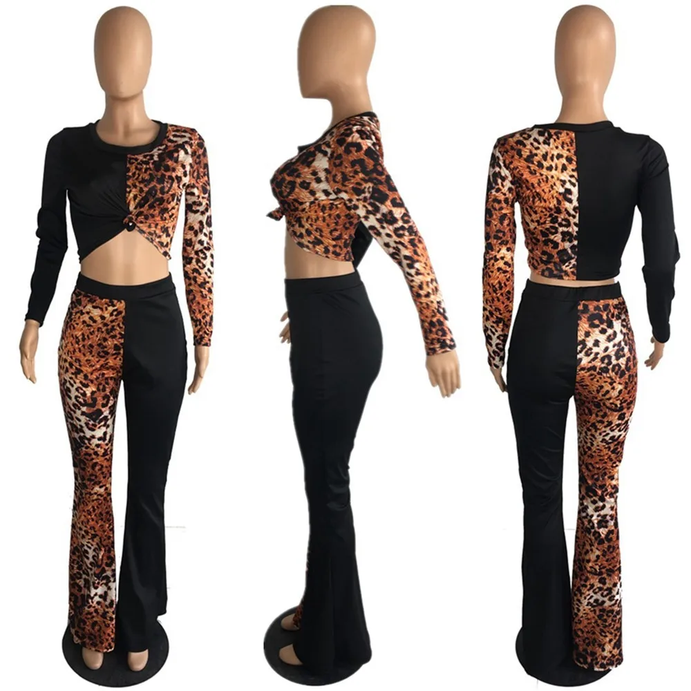 2 Stykke Tøj til Kvinder, Sexet Clubwear Leopard Patchwork Lange Ærmer Crop Tops +Høj Talje Blusset Bell Bottom Bukser Tøj