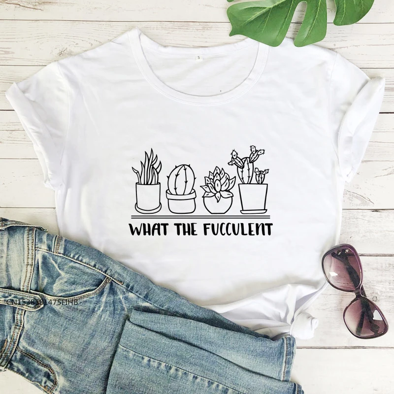 Hvad Fucculent BOMULD T-Shirt Sød Kaktus Grafisk Veganer Tee Top Sjove Kvinder kortærmet Havearbejde Planter Tshirt