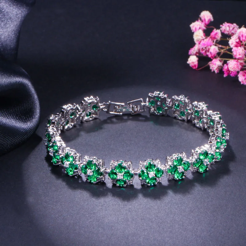 Wong Regn 925 Sterling Sølv Skabt Moissanite, Emerald Og Ruby Gemstone Armbånd Charm Blomst Armbånd Fine Smykker Engros