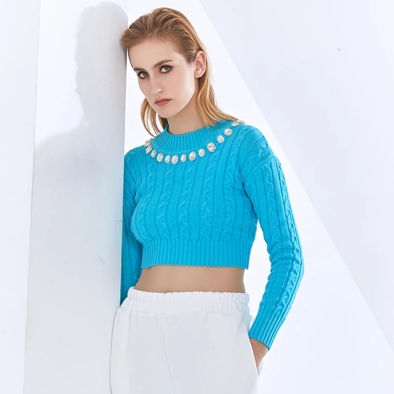 TWOTWINSTYLE Tynd Sweater For Kvindelige O-Hals Lange Ærmer Patchwork Diamant Slanke Kvinder Strikkede Pullovers 2020 Efteråret Tøj Nyt