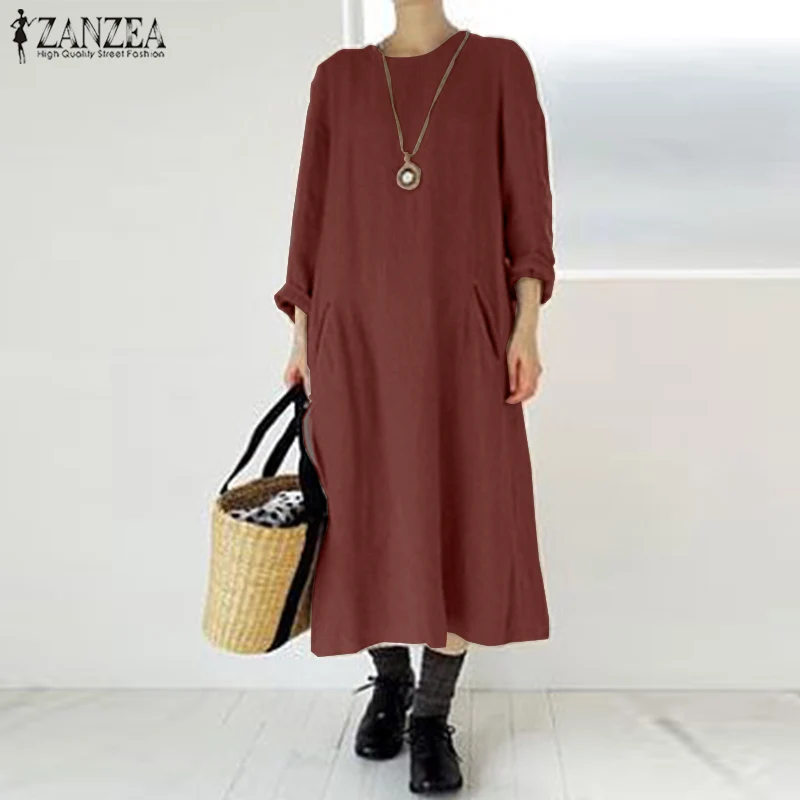 ZANZEA 2021 Efteråret Vintage Kvinder klæder sig Afslappet Kaftan med Lange Ærmer Fast Løs Part Sundress Plus Size Bomuld Vestidos 5XL