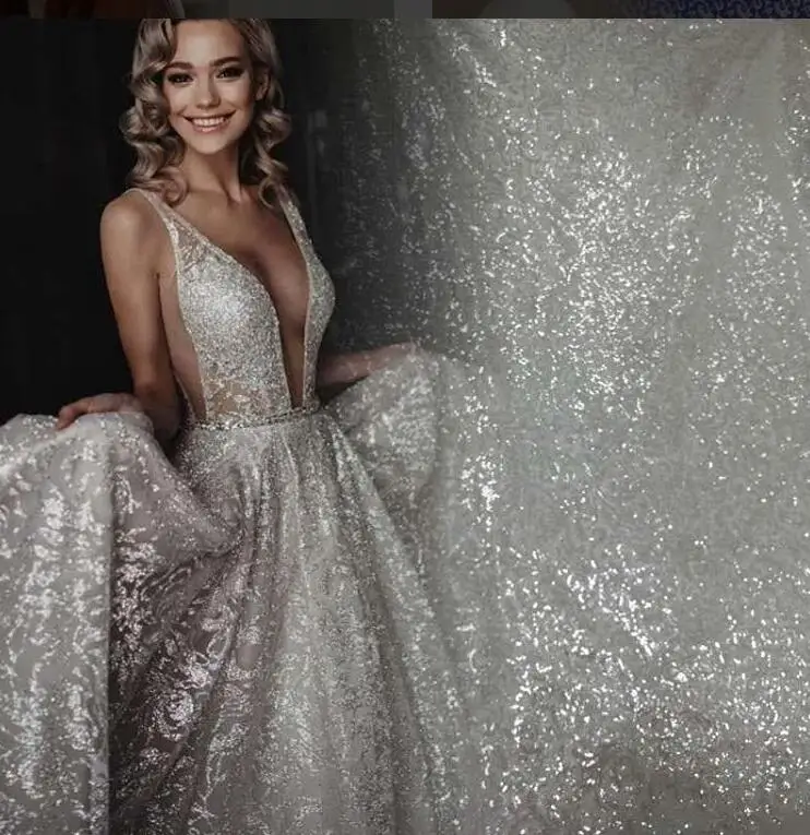 125 CM bred 1 yard pailletter sparkle luksus smukke Broderi Hvid bryllup vokset dresslace stof couture blonde stof