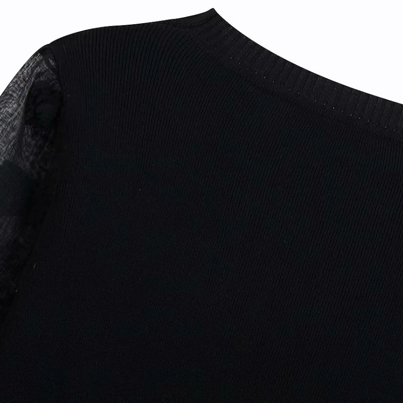 2019 kvinder mode gennemsigtige ærmer patchwork sort strik bluser skjorter kvinder o hals pels bolden pynt blusas toppe LS4134