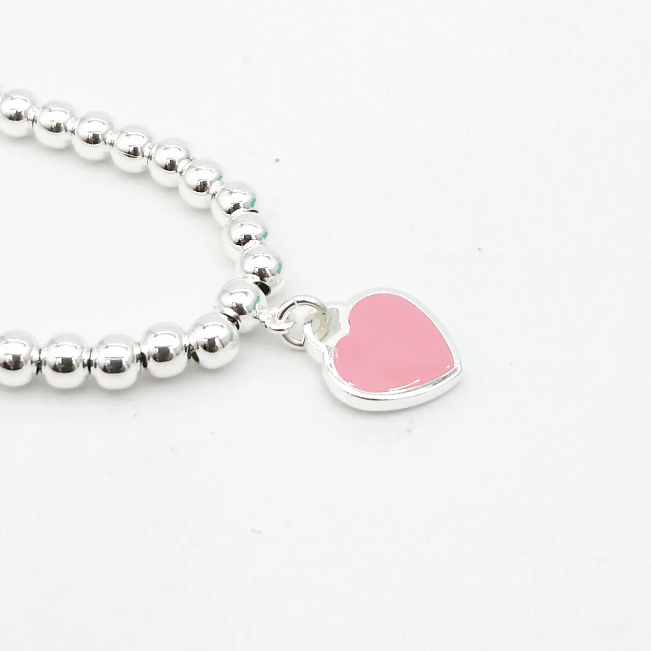Ladies Classic S925 Sterling Sølv hjerteformet Blå Pink Emalje 4mm Rundt Perle Armbånd Smykker Par Ferie Gave