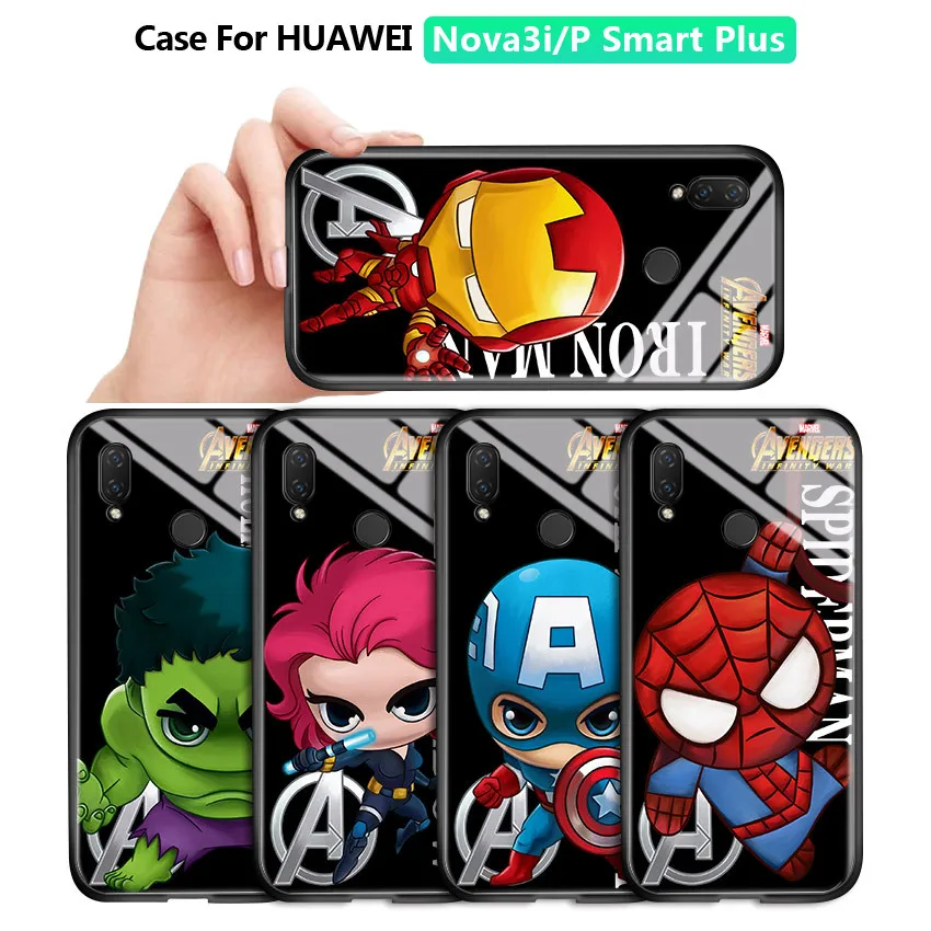 For Huawei S Smart Plus Tilfælde Nova 3i Tegnefilm Marvel Avenger Superhelt Ironman, Spiderman Dække Blank Hærdet Glas Kabinet