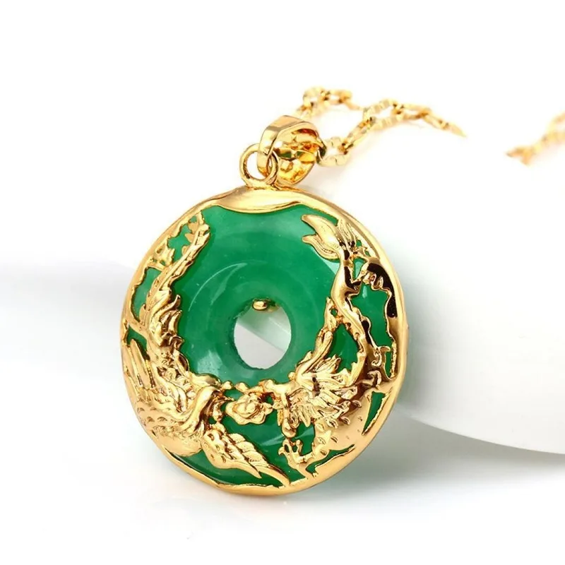Naturlig Grøn Jade Vedhæng Dragon Phoenix 925 Sølv Halskæde Kinesiske Skåret Mode Charme Smykker Amulet for Mænd Gaver