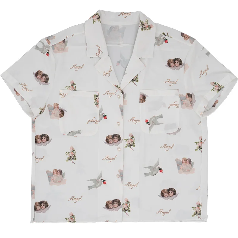 Retro Angel Print Dame Skjorte, Vintage Elegant Bluse Kvindelige Sommeren Korte Ærmer Strand Tøj Løs Britisk Perle Spænde Shirt