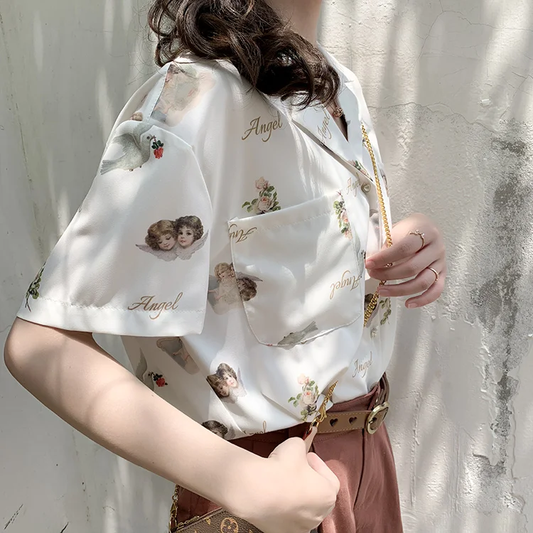 Retro Angel Print Dame Skjorte, Vintage Elegant Bluse Kvindelige Sommeren Korte Ærmer Strand Tøj Løs Britisk Perle Spænde Shirt