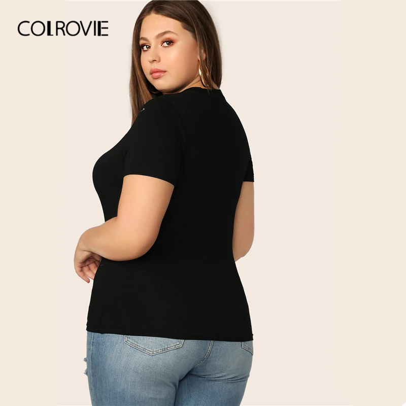 COLROVIE Plus Size Sort Sheer Mesh Åg Form Montering T-Shirt Kvinder Toppe 2019 Sommeren Korte Ærmer Kontor dame t-Shirts