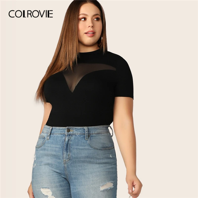 COLROVIE Plus Size Sort Sheer Mesh Åg Form Montering T-Shirt Kvinder Toppe 2019 Sommeren Korte Ærmer Kontor dame t-Shirts