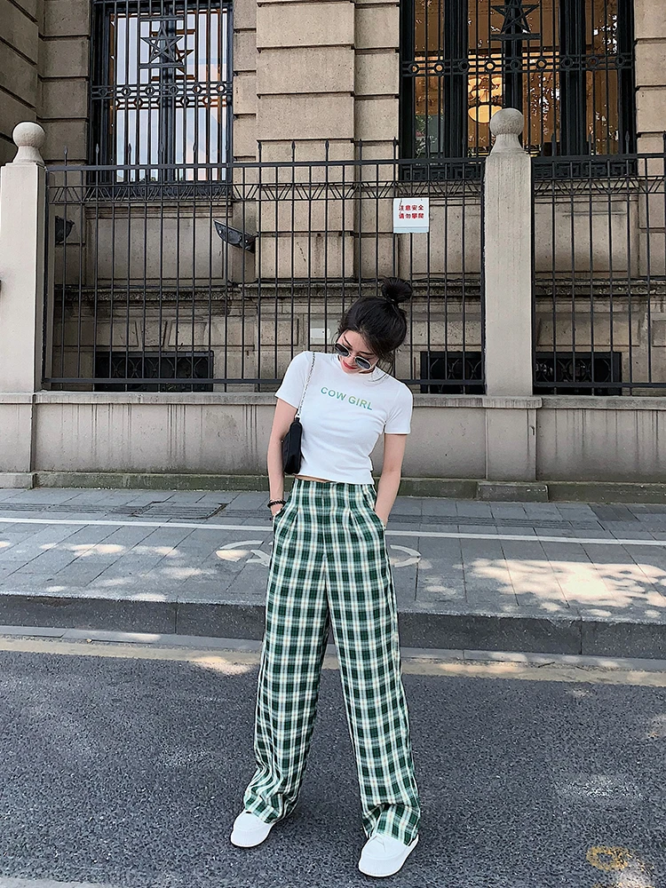 Harajuku Plaid Bukser Til Kvinder Bukser 2020 Streetwear Kvinde Grønne Harem Bukser Damer Løs Kausale Bred Ben Høj Talje Bukser