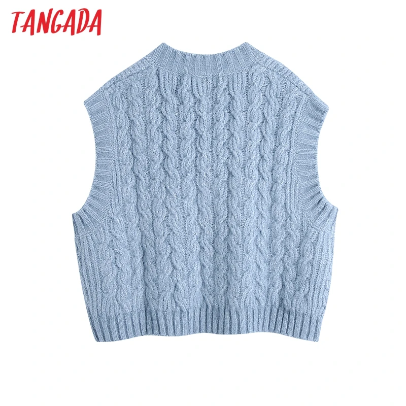 Tangada Kvinder 2021 Mode Blå Afgrøde Overdimensionerede Strikket Vest Sweater med V-Hals uden Ærmer Kvindelige Vest Smarte Toppe BE285