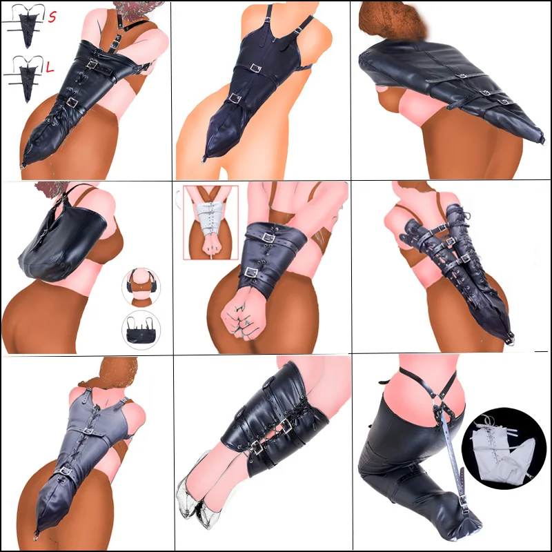 BDSM Trældom Ben/Arm Bindemiddel,Bag Lige Jakke,Læder Armbinder Tilbageholdenhed Slave Aflåselige Handske Med skulderremme