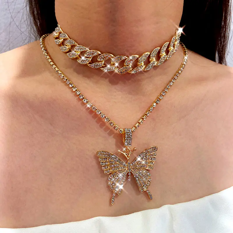 Trendy Stor Sommerfugl CZ Vedhæng Halskæde Til Kvinder Cubanske Kæde Bling Crystal Choker Halskæde Erklæring Luksus Smykker Gave