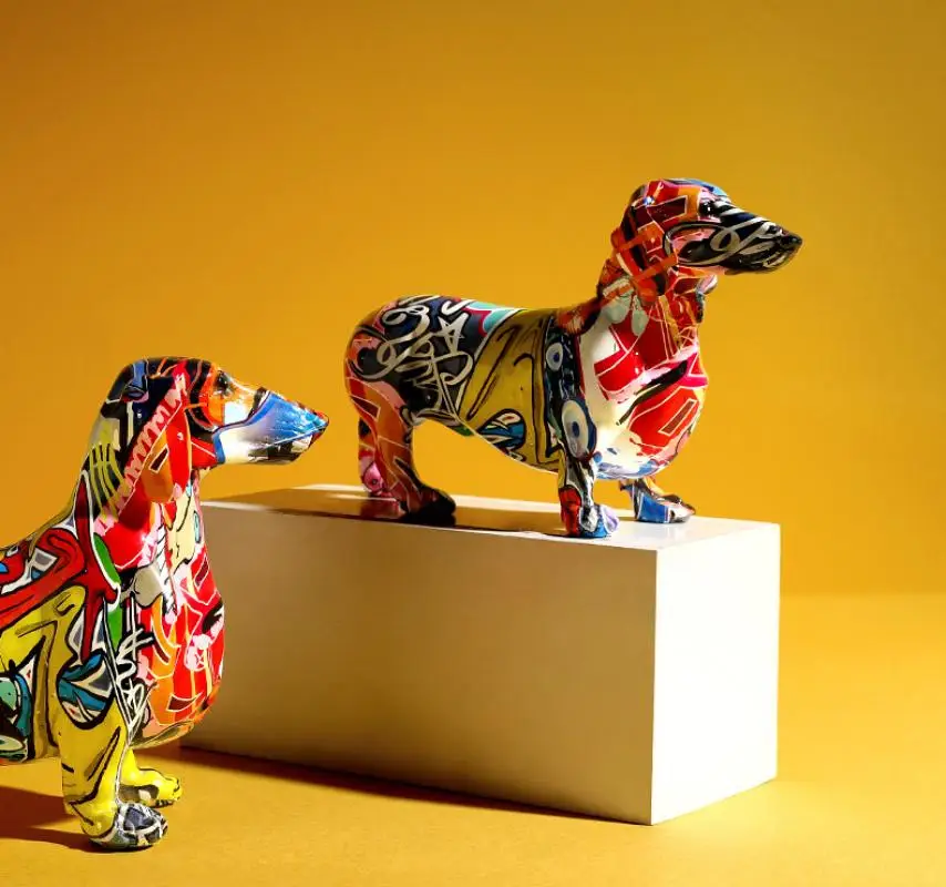 Moderne Farvet Tegning Gravhund Harpiks Skulptur Kreative Simulering Hund Kunst Statue Home Decor Gave Ornament Harpiks Håndværk