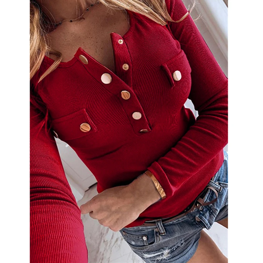 Sexet Knapper Strikket Sweater Kvinder Slank Ribbet Vinter Efterår ensfarvet V-neck Sweater Kvindelige Mode Plus Size Strik 2021