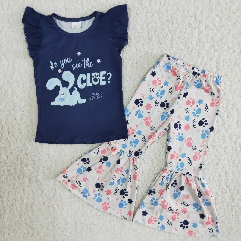 Hot Salg Baby Girl Boutique Tøj, Blå kortærmet Skjorte Dog Fodspor Bell-bund Bukser Børn Sæt Kids Fashion Tøj