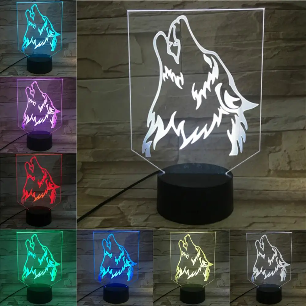 Ulv Hoved 3D LED-Lampe Sove Tabel Nat Lys Nyhed Gaver til Chilren Touch Multicolors Skiftende Lys LED Illusion Atmosfære