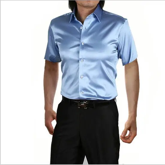 Høj Kvalitet mandlige korte ærmer silke skjorte mærke Sommeren mænd shirts Ren farve fritids-business skjorter plus størrelse 5XL hot salg