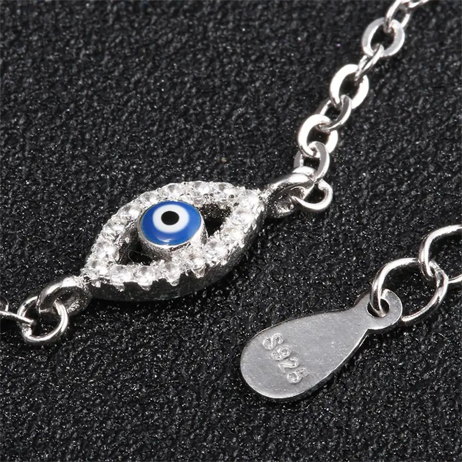 Luksus 925 Sterling Sølv Armbånd CZ Crystal Charms Armbånd Blå Emalje Lucky Eye Perler Armbånd til Kvinder Tyrkiet Smykker