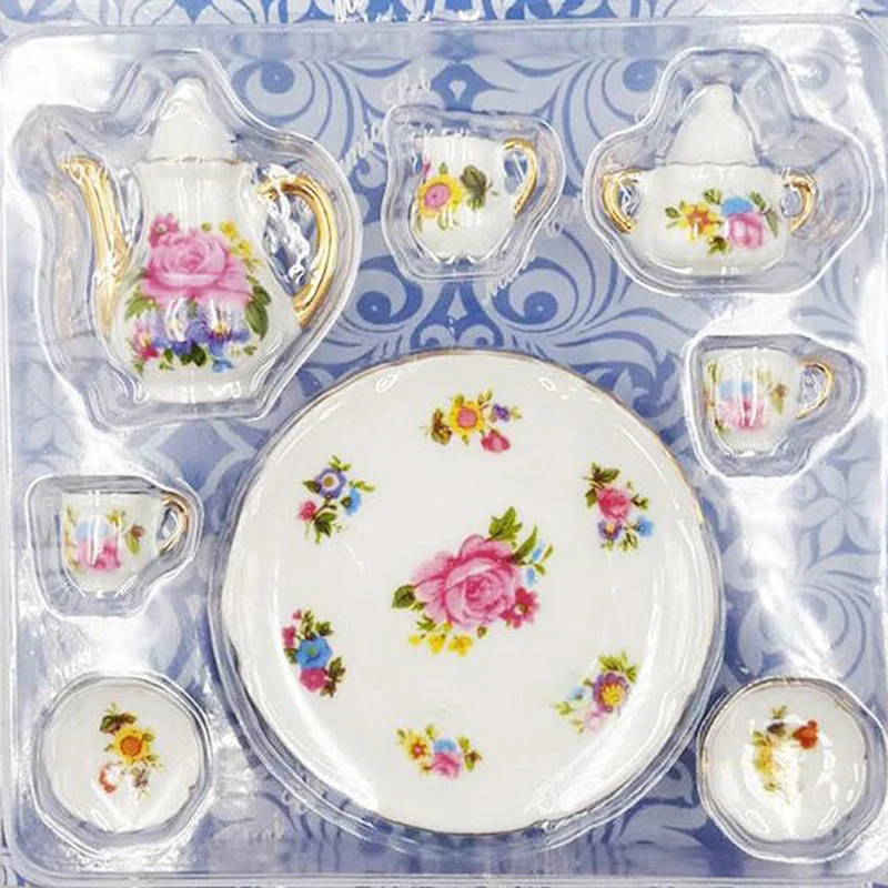 8 stk/masse Søde Miniature Dukkehus Porcelæn Porcelæn Te Sæt Service Cup Plade Farverige Blomster Print