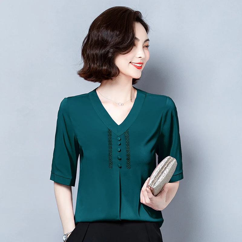 Koreanere Silke Kvinder Bluser Shirt Kvinder Satin Silke Bluse Kontor Dame V-Hals Solid Bluser Top Plus Size Blusas Femininas Elegante
