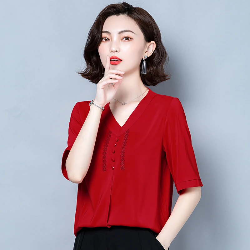 Koreanere Silke Kvinder Bluser Shirt Kvinder Satin Silke Bluse Kontor Dame V-Hals Solid Bluser Top Plus Size Blusas Femininas Elegante