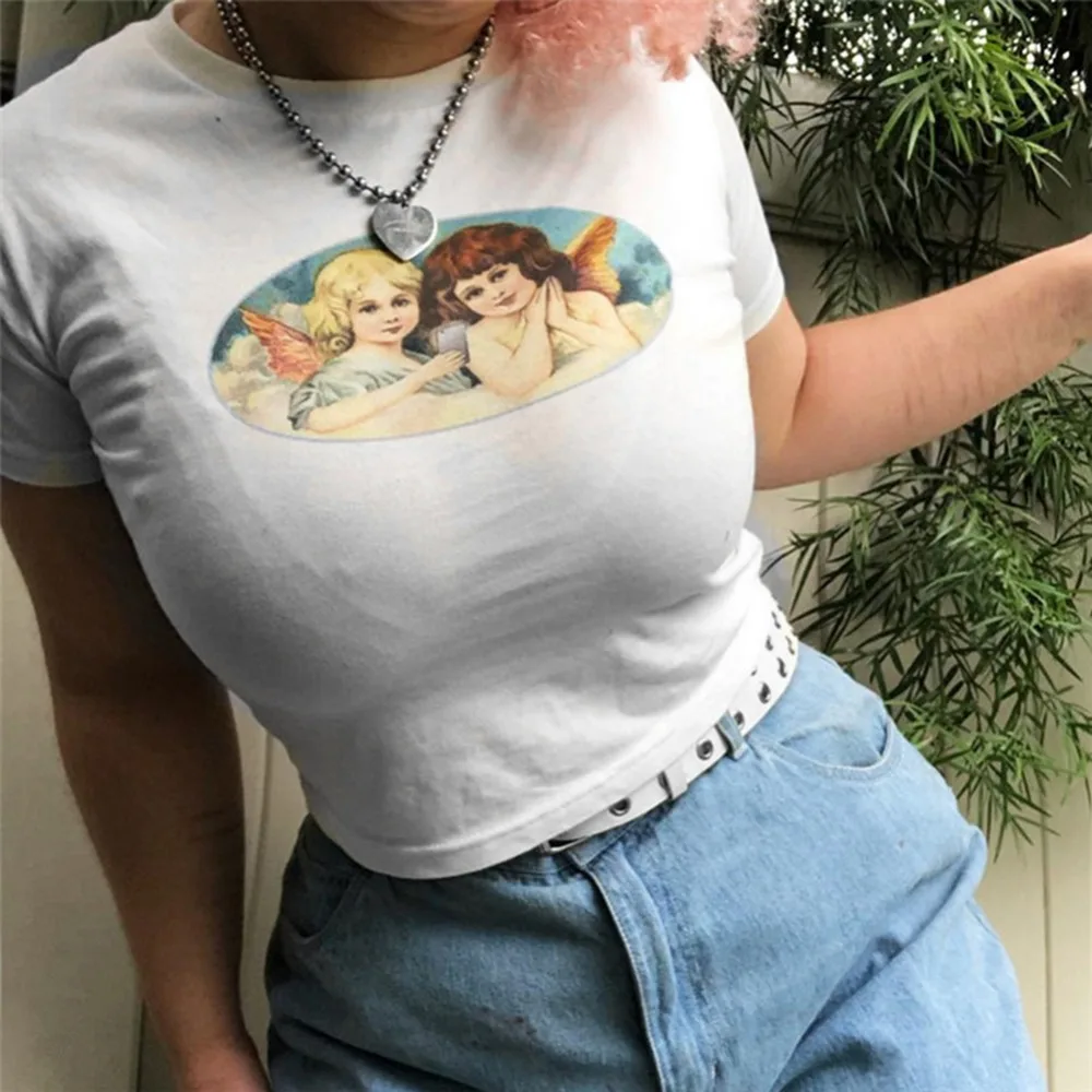 Kvinder Sexy Afgrøde Top T-Shirt Se 2019 Ny Ankomst Kort Ærme Trykt Slank O-neck T-Shirt Kvinder tshirt 4 Farver