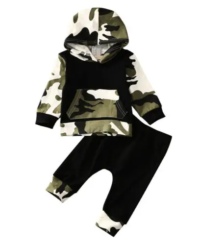 Spring Fashion Black Cool Camo Småbørn, Børn, Spædbørn Baby Drenge Tøj med Lange Ærmer Hætteklædte Tøj Sæt Til Nyfødte Børn 0-3T