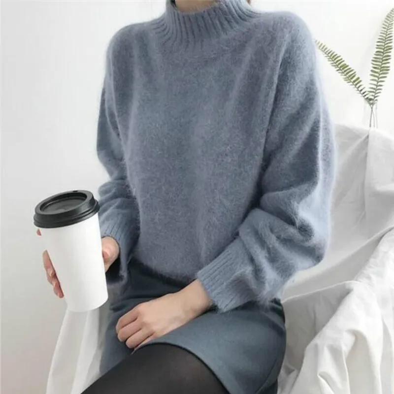Pullover Dame Efteråret Mohair Solid Rullekrave, Strik, Enkel koreansk Stil Studerende Lady Alle-match Smarte Løs Fritids-Trøjer