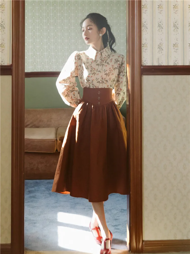 Koreansk Mode Kvinder Outfits 2021 Foråret Lange Ærmer Print Blomst Shirt Vintage Bluse & Brown Maxi Nederdel Til Elegant Dame Passer