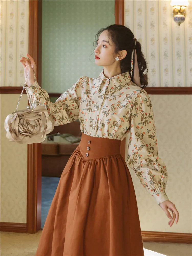 Koreansk Mode Kvinder Outfits 2021 Foråret Lange Ærmer Print Blomst Shirt Vintage Bluse & Brown Maxi Nederdel Til Elegant Dame Passer