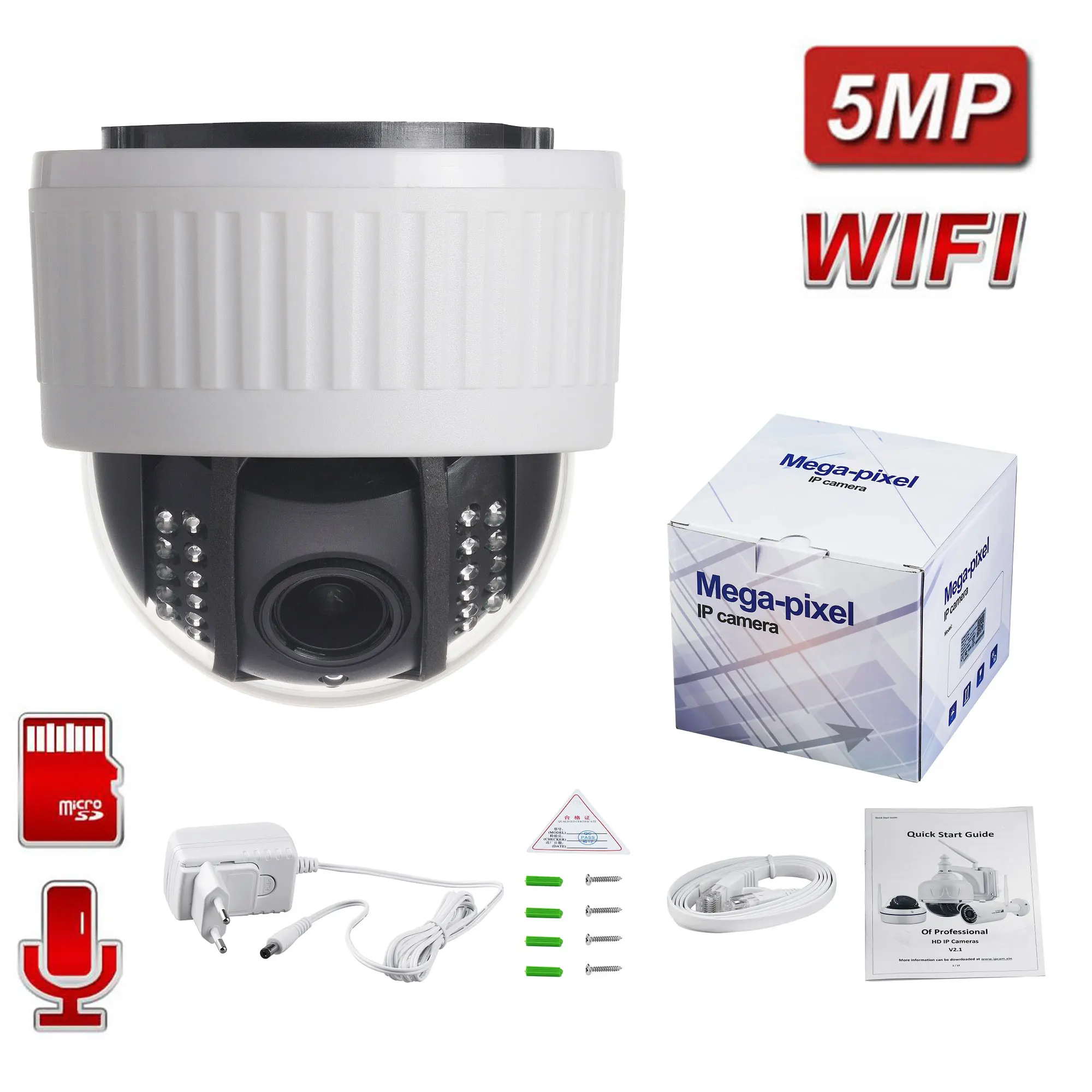 5MP Wifi ONVIF-Wireless/Wired Audio Record e-Mail-Alarm Dome Kamera 5x Optisk Auto Zoom IP-Kamera TF Kort Camhi