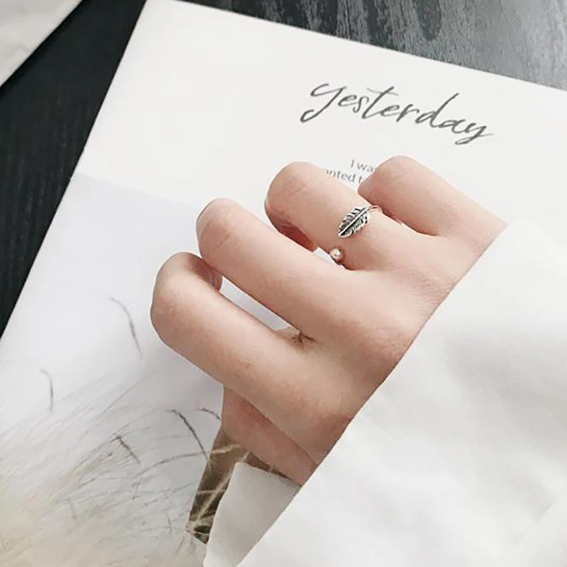 Tynd Minimalistiske Fjer Koreanske Blade Justerbar 925 Sterling Sølv Ring For Kvinder, Piger Designer Lækre Smykker