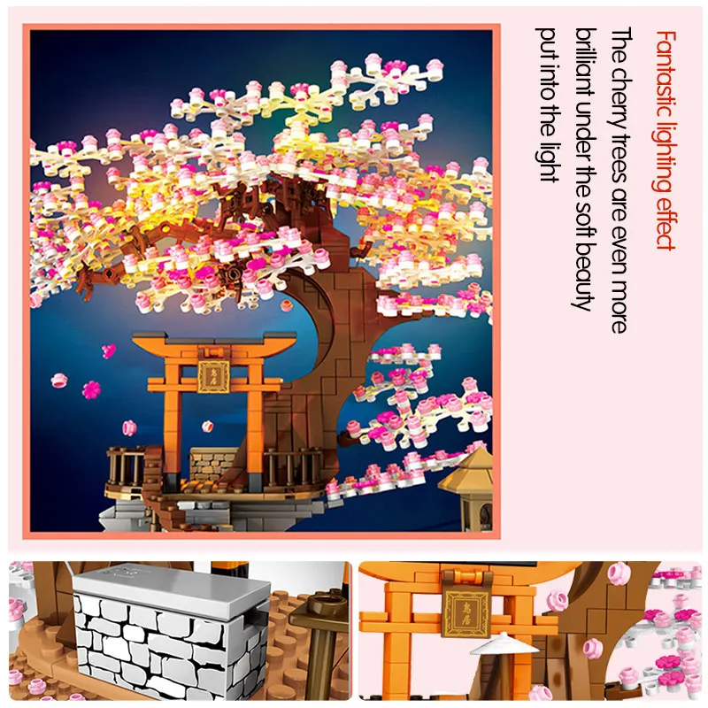 SEMBO City Street View Idé Sakura Inari Shrine Mursten Venner Cherry Blossom Diy Creator Hus Træet byggesten Legetøj