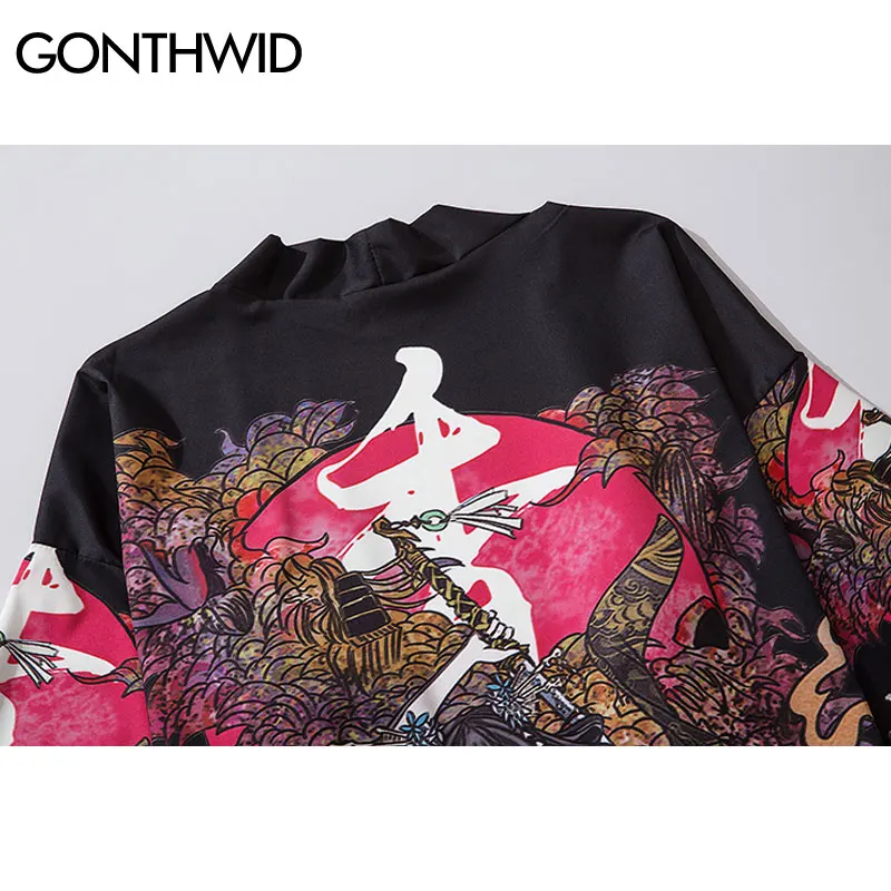 GONTHWID Harajuku Japansk Samurai Girl Print Streetwear Kimono Cardigan, Skjorter Herre Hip Hop Afslappet Åben Front Jakker Pels Toppe