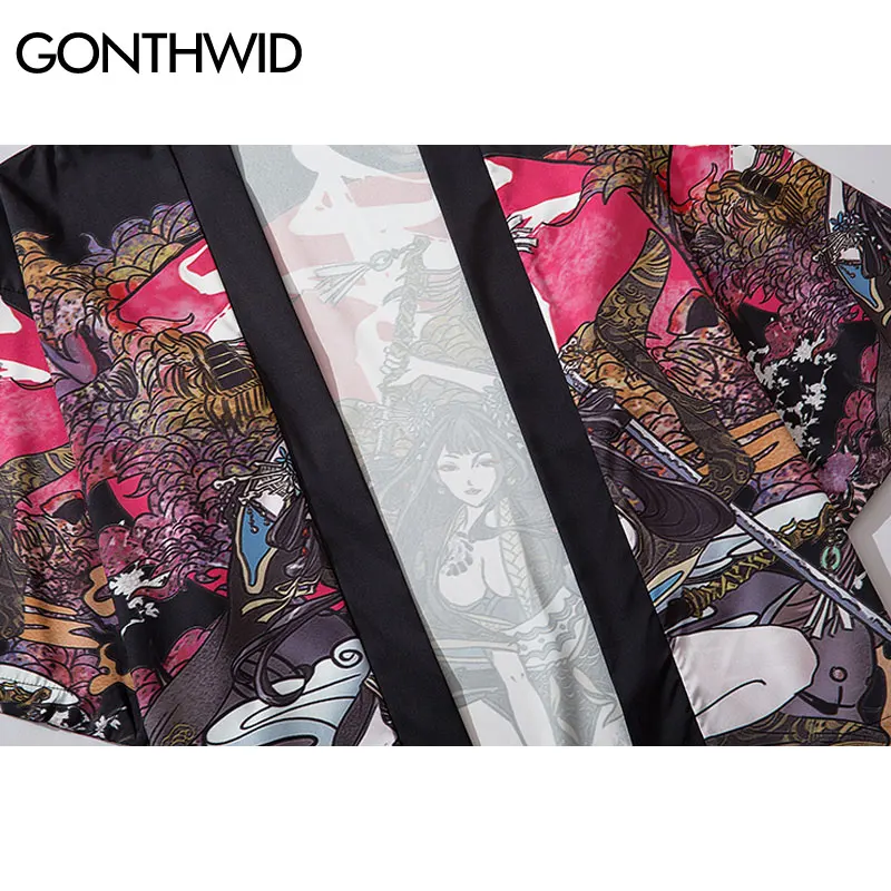 GONTHWID Harajuku Japansk Samurai Girl Print Streetwear Kimono Cardigan, Skjorter Herre Hip Hop Afslappet Åben Front Jakker Pels Toppe