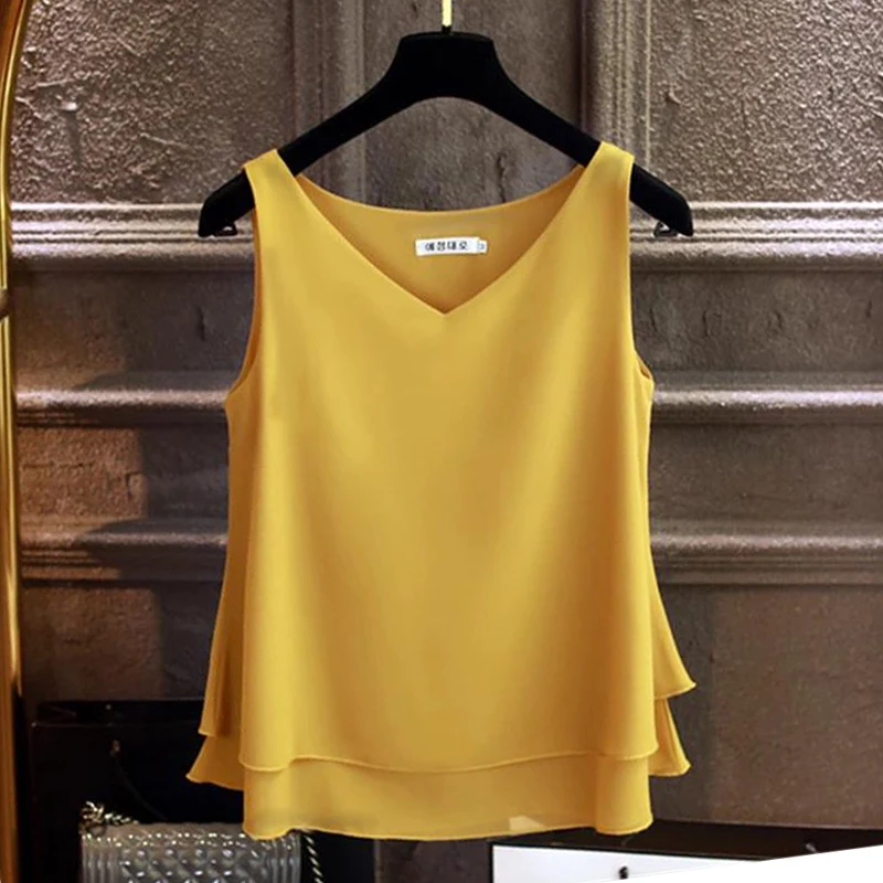 2021 Fashion Brand Kvinder bluse om Sommeren Nye ærmeløs Chiffon skjorte Solid V-hals Casual bluse Plus Størrelse 5XL Løs Kvindelige Top