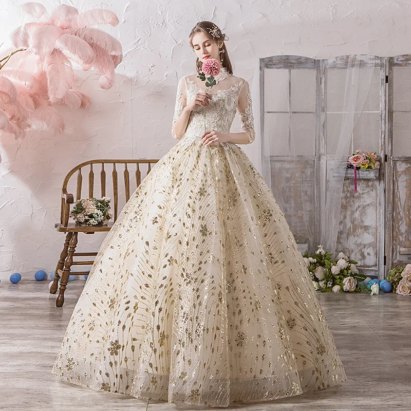 Klassisk Kinesisk Stil, Høj Hals Halvt Ærme Champagne Brudekjole Luksus Lace Broderi Princess Ball Gown Robe De Mariee L