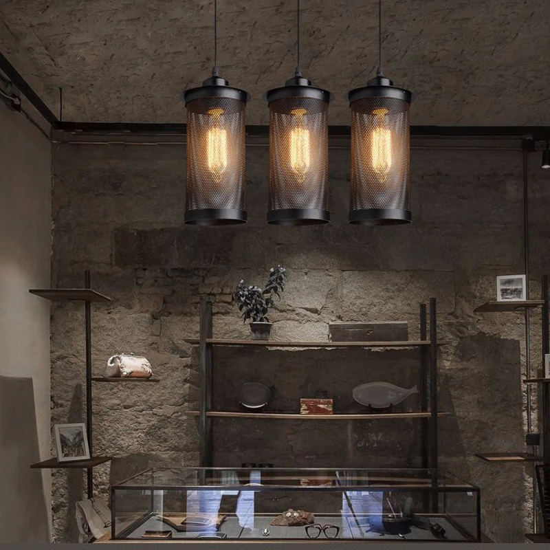 1Pc Vintage Industriel Pendel Cafe Loft Stue Hængende Mesh Lampshape LED Nat Lys